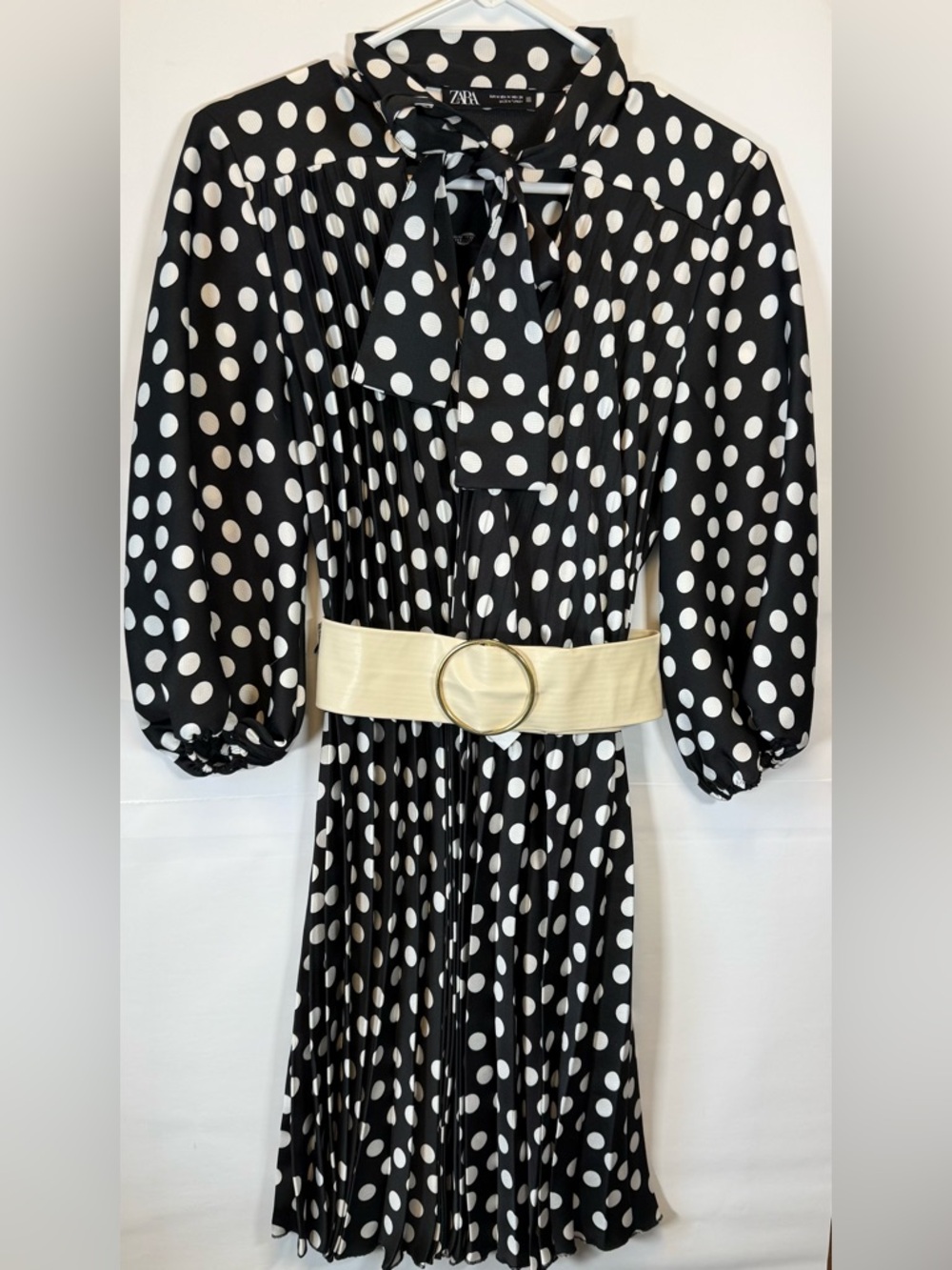 Zara Polka Dot Pleated Dress Womens Medium Tie Neck Belted Long Sleeve Black